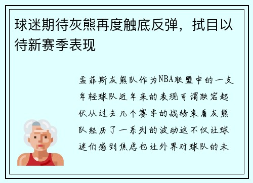 球迷期待灰熊再度触底反弹，拭目以待新赛季表现