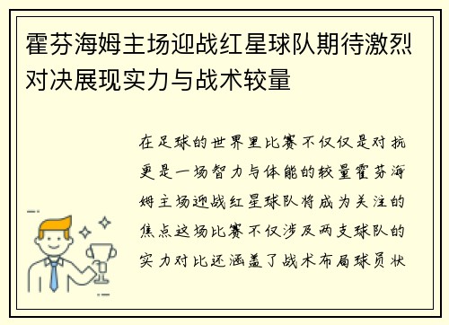 霍芬海姆主场迎战红星球队期待激烈对决展现实力与战术较量